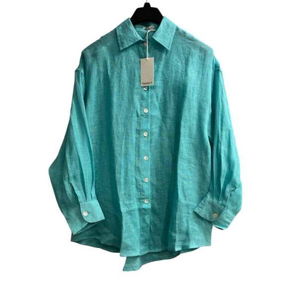 Vitamin A Top Womens S Aqua Green Linen Button Down Oversized Lagenlook Beach - Picture 1 of 9